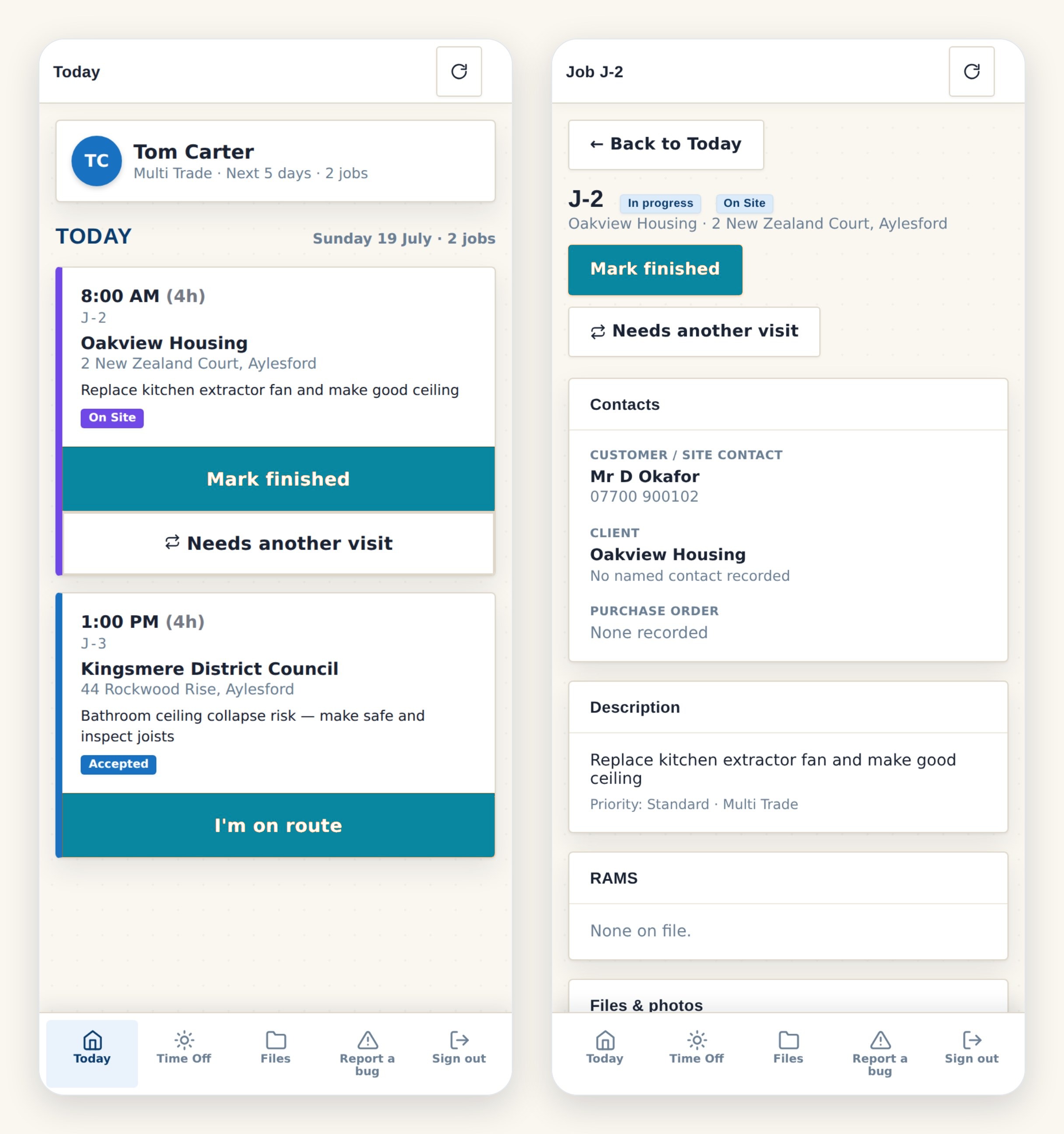The Premier Planner field app on a phone: today's jobs and a job open on site